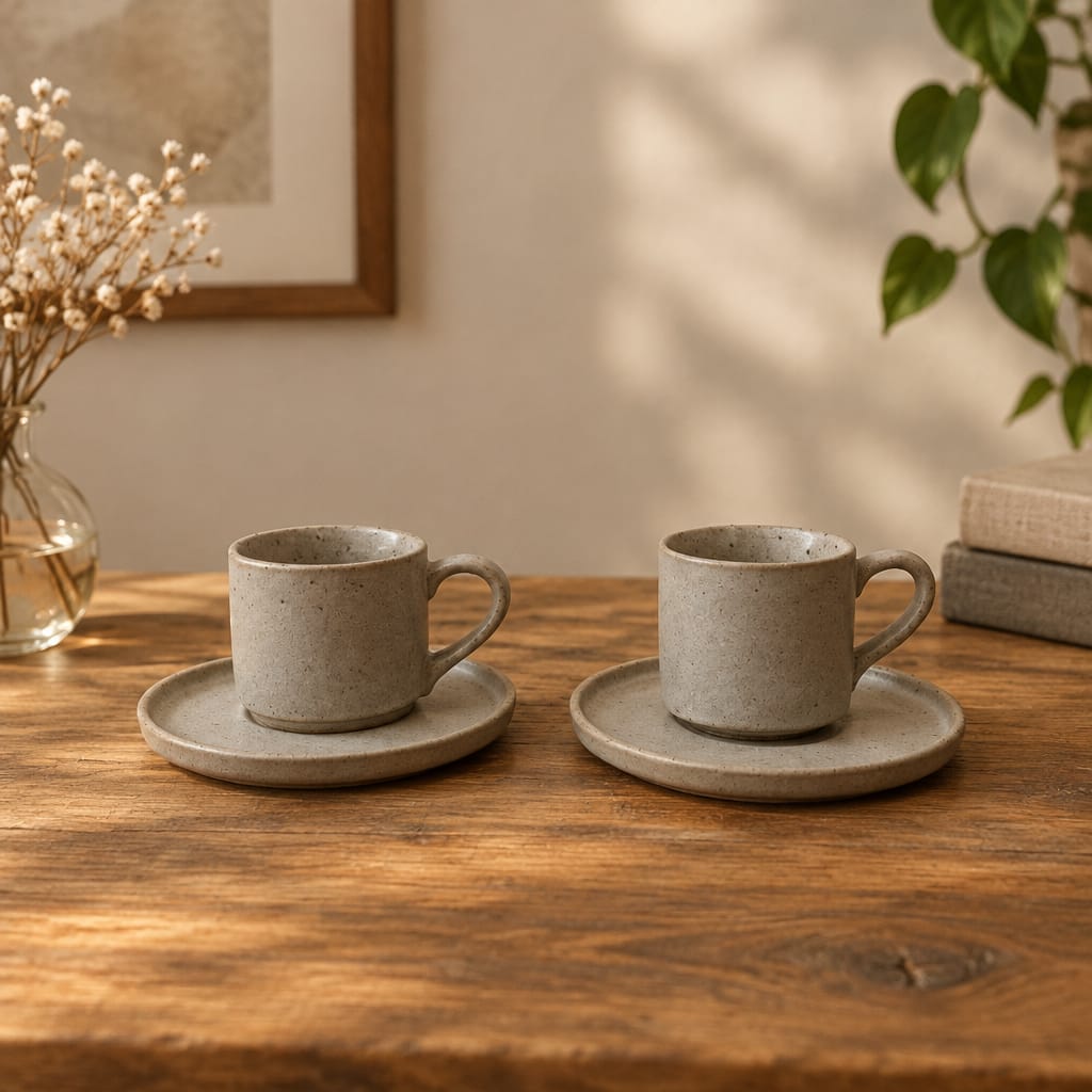 Grey Coffee Cup and Saucer Set – Set of 2