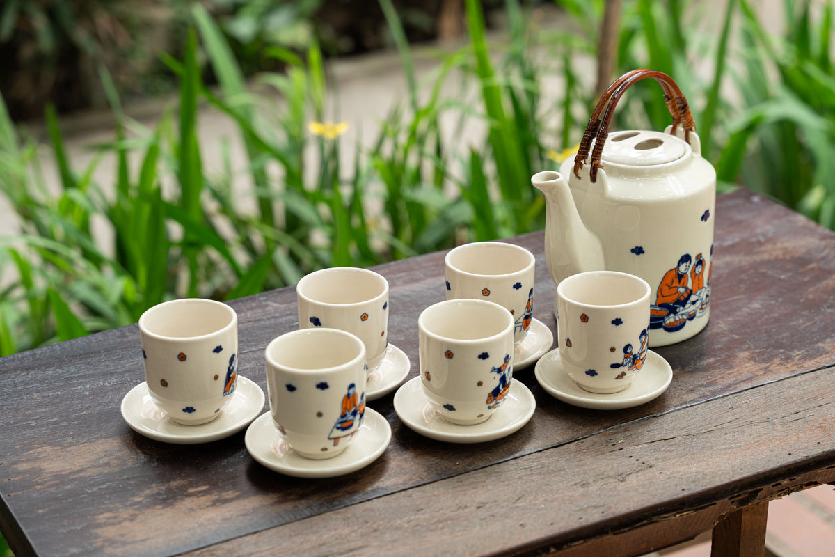 Japanese-Style Ceramic Tea Set with Bamboo Handle